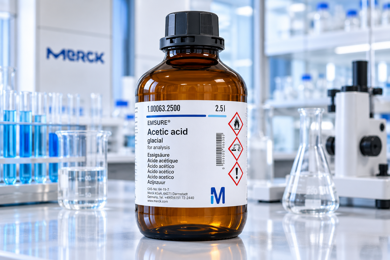 Ilustrasi botol Acetic Acid Merck EMSURE Glacial 100%
