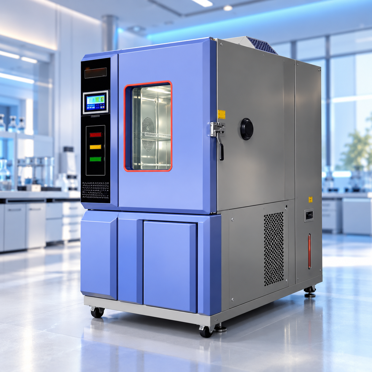 Explosion-Proof Environmental Test Chamber OTS Technik – Ilustrasi alat pengujian industri dengan panel kontrol digital dan jendela observasi.