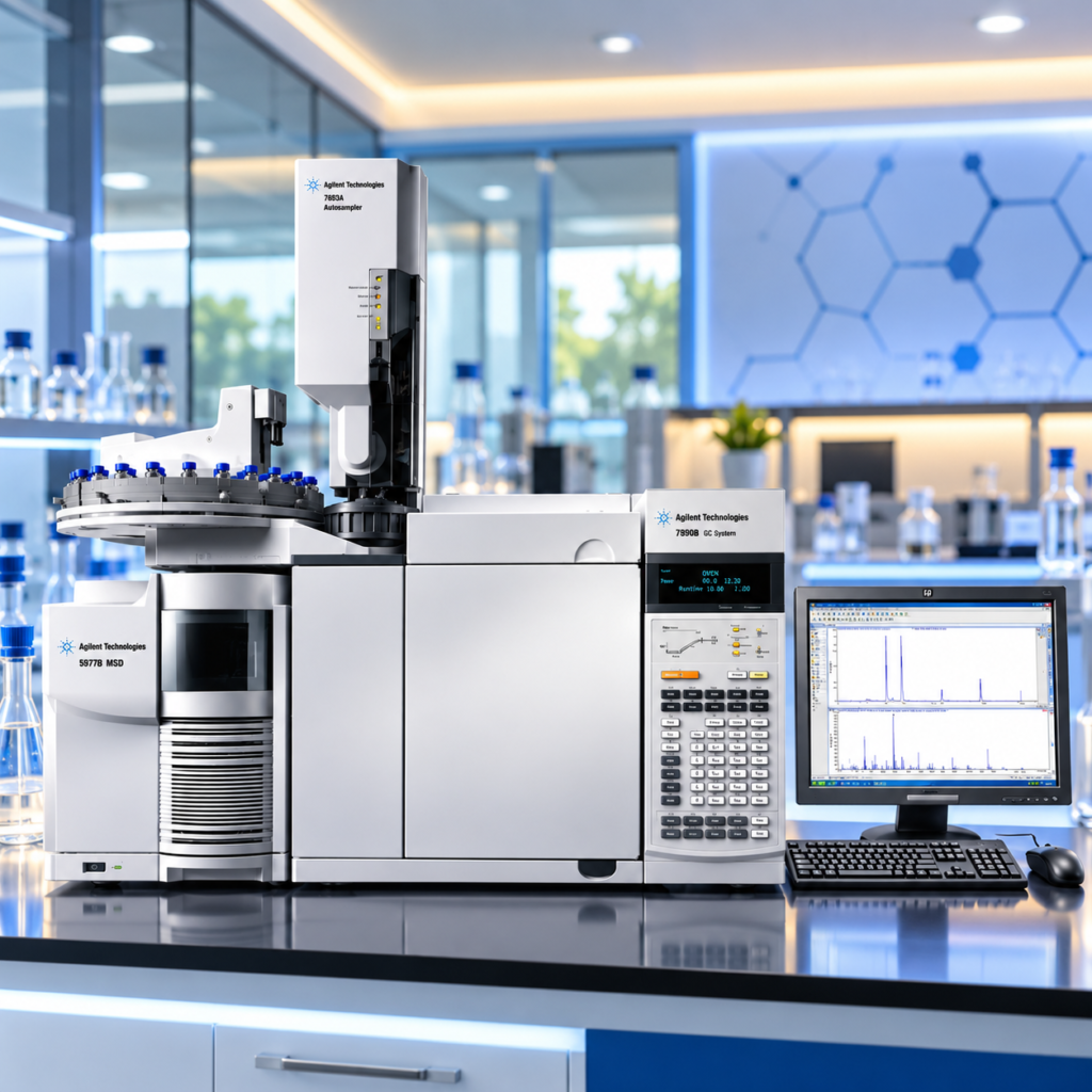 Gas Chromatography Mass Spectrometry GC-MS Agilent dengan autosampler dan komputer analisis