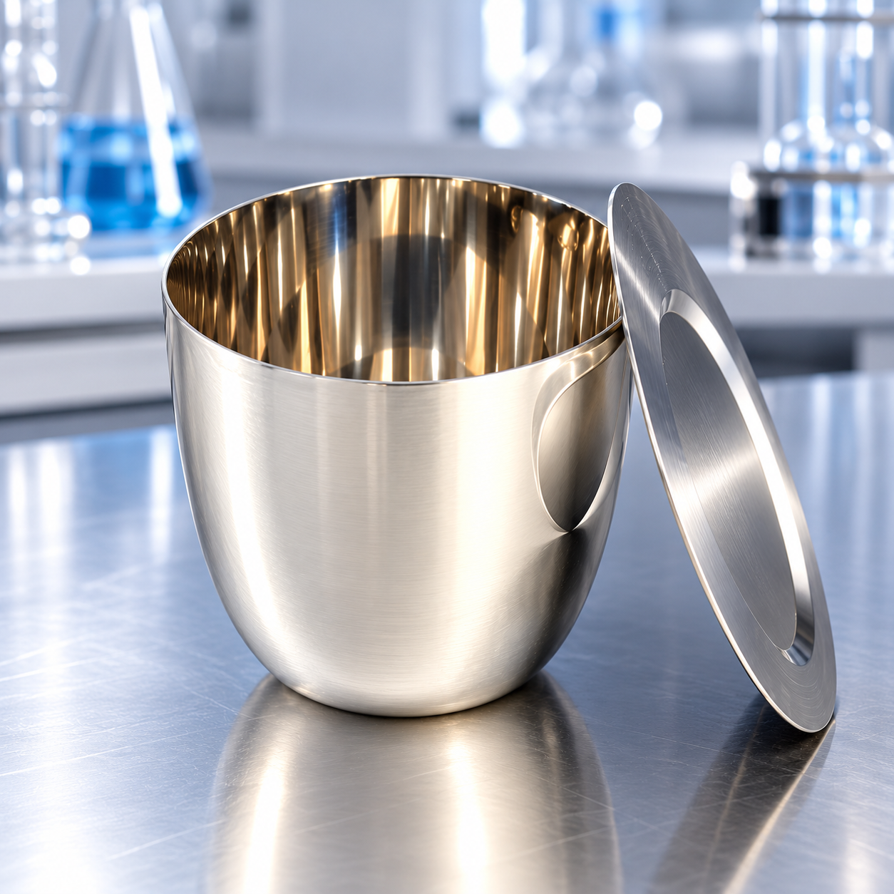 Platinum-Rhodium Crucible Xiyu Technology – Ilustrasi cawan laboratorium berbahan paduan platinum-rhodium (Pt-Rh) dengan tutup logam untuk analisis kimia dan pengujian material.