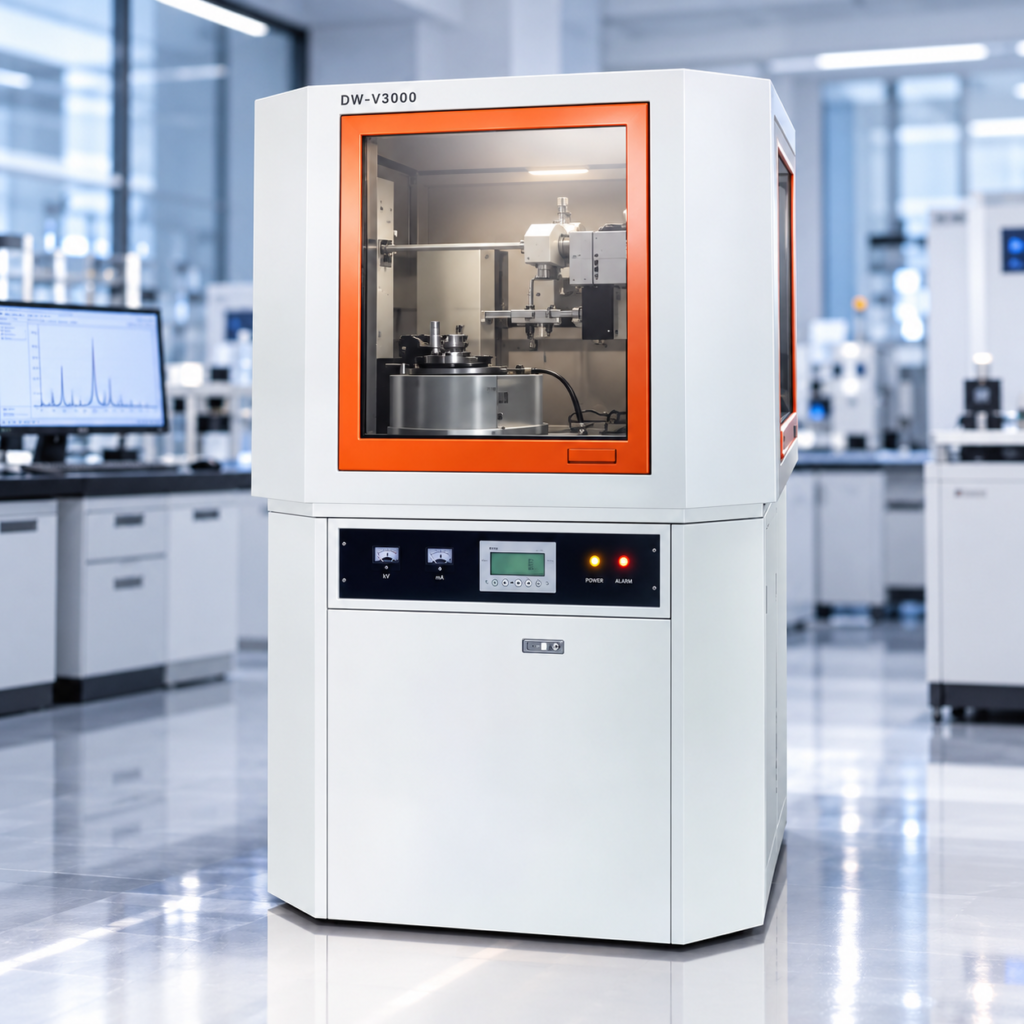 X-Ray Diffractometer (XRD) – Ilustrasi instrumen analitik laboratorium dengan kabinet putih, jendela oranye dan panel kontrol digital untuk analisis struktur kristal dan identifikasi fase material.